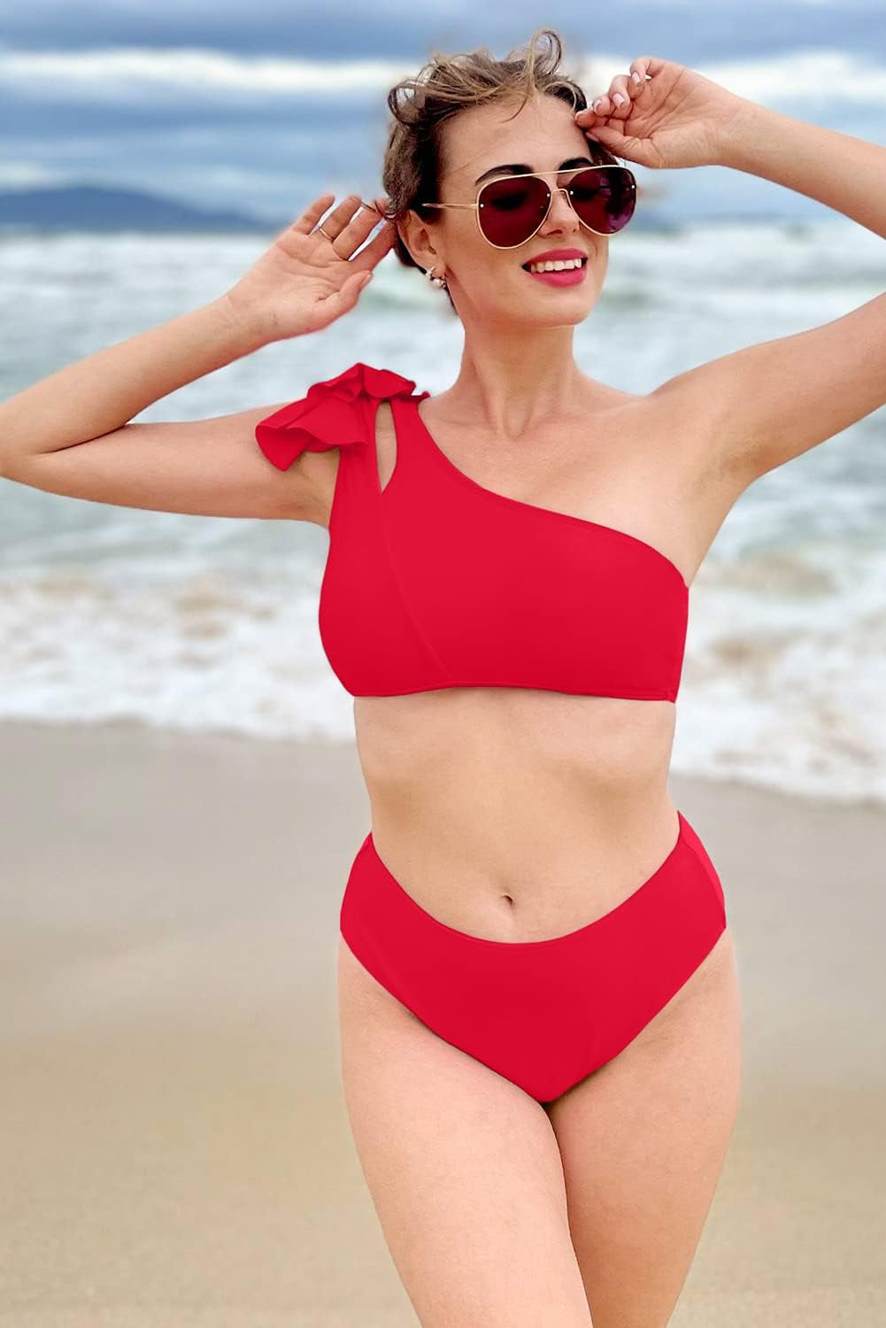 Women's One Shoulder Bikini Top with High-Waisted Bottom Two-Piece Swimsuit