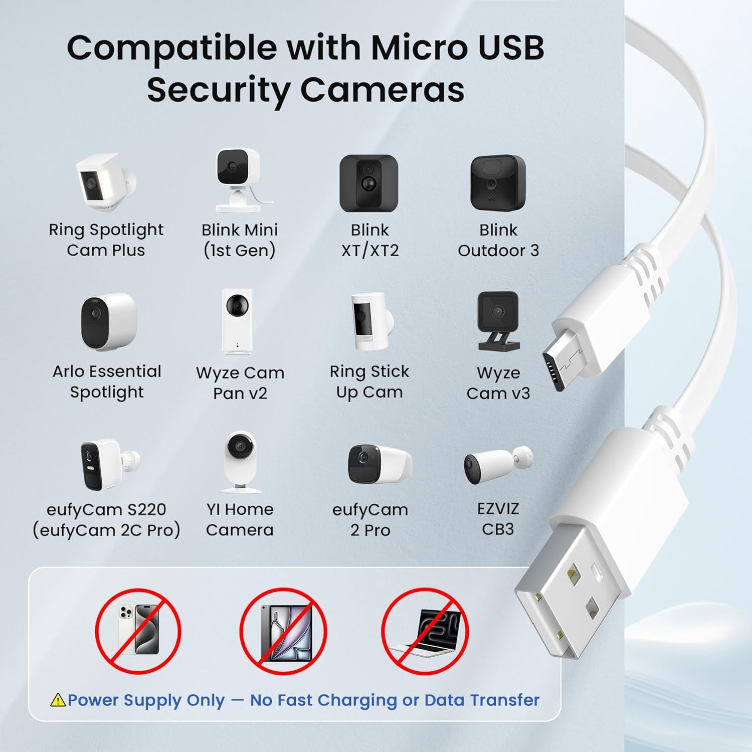20FT Micro USB Extension Cable (2-Pack) - Flat USB to Micro Long Charging Power Extender for Security Cameras, Compatible with Blink Mini/Xt2/Outdoor 3, Wyze Cam V4/Og, Eufy, and Ring Spotlight Plus