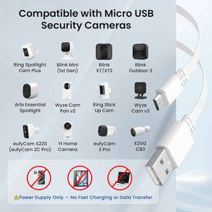 20FT Micro USB Extension Cable (2-Pack) - Flat USB to Micro Long Charging Power Extender for Security Cameras, Compatible with Blink Mini/Xt2/Outdoor 3, Wyze Cam V4/Og, Eufy, and Ring Spotlight Plus