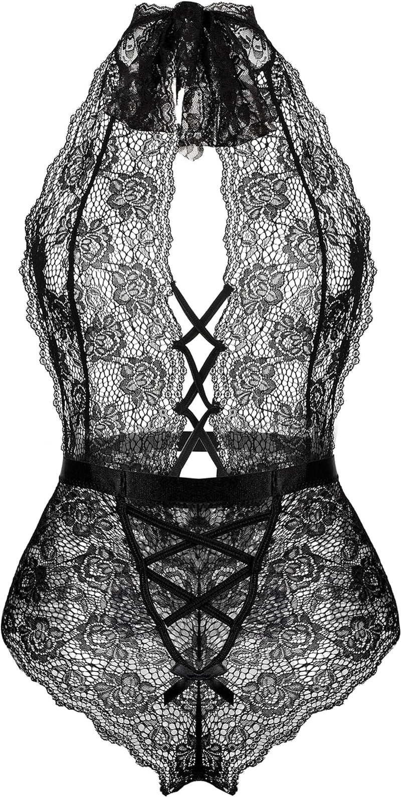 Women’s Lace Bodysuit with Deep V Neck and Dobby Mesh - Teddy Lingerie in Black, Size M