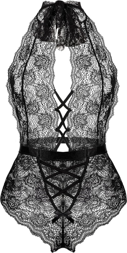 Women’s Lace Bodysuit with Deep V Neck and Dobby Mesh - Teddy Lingerie in Black, Size M