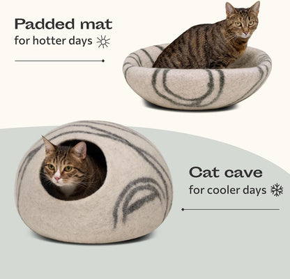 Premium Felt Cat Cave - Handmade Merino Wool Cat Bed for Indoor Use (Light Grey, Medium)