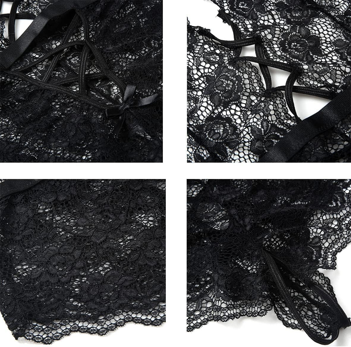 Women’s Lace Bodysuit with Deep V Neck and Dobby Mesh - Teddy Lingerie in Black, Size M