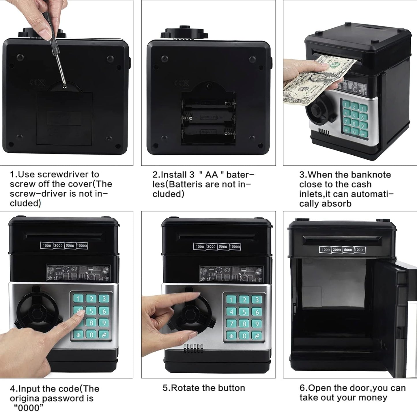 Electronic Password Code Piggy Bank for Kids - ATM Style Coin Bank for Boys and Girls (Black)