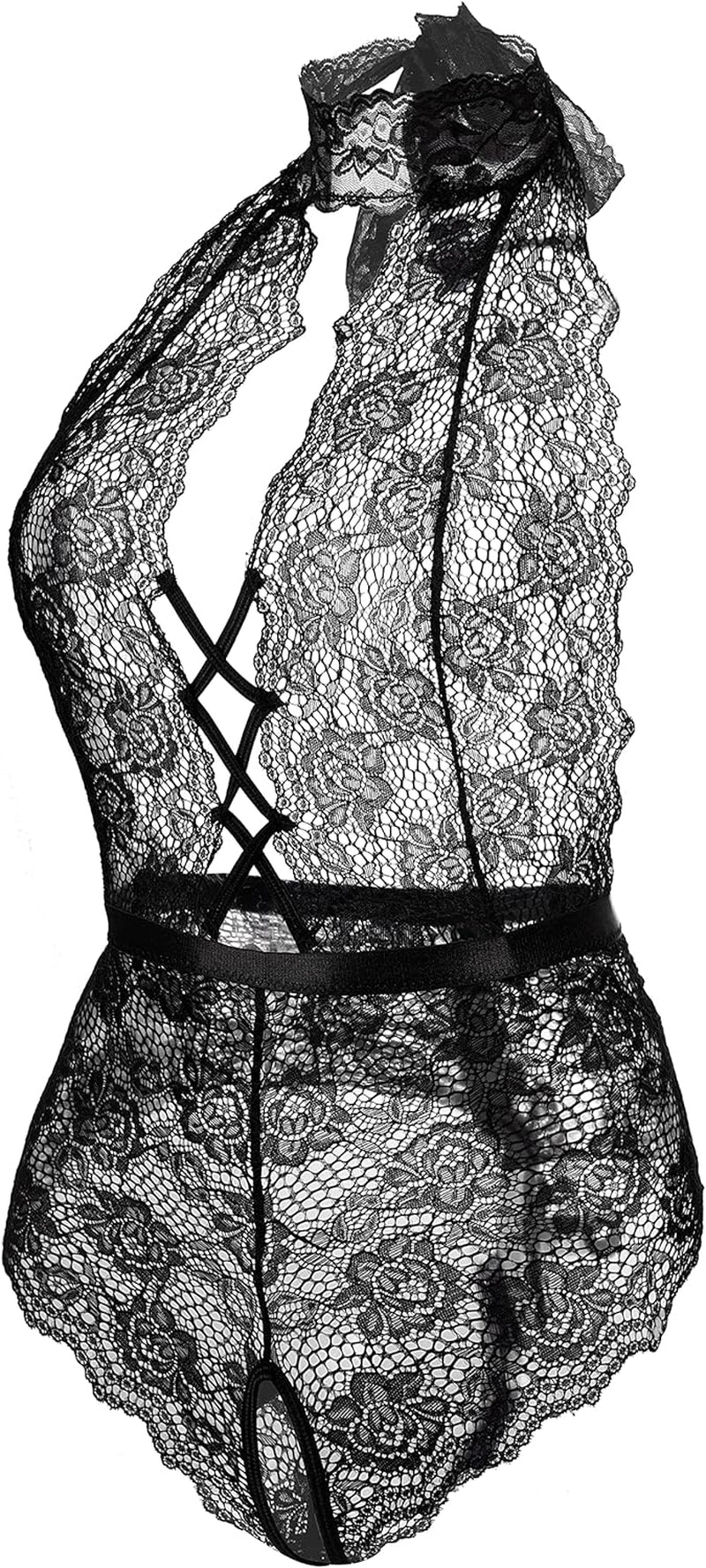 Women’s Lace Bodysuit with Deep V Neck and Dobby Mesh - Teddy Lingerie in Black, Size M