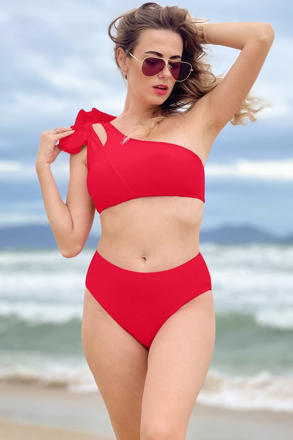 Women's One Shoulder Bikini Top with High-Waisted Bottom Two-Piece Swimsuit