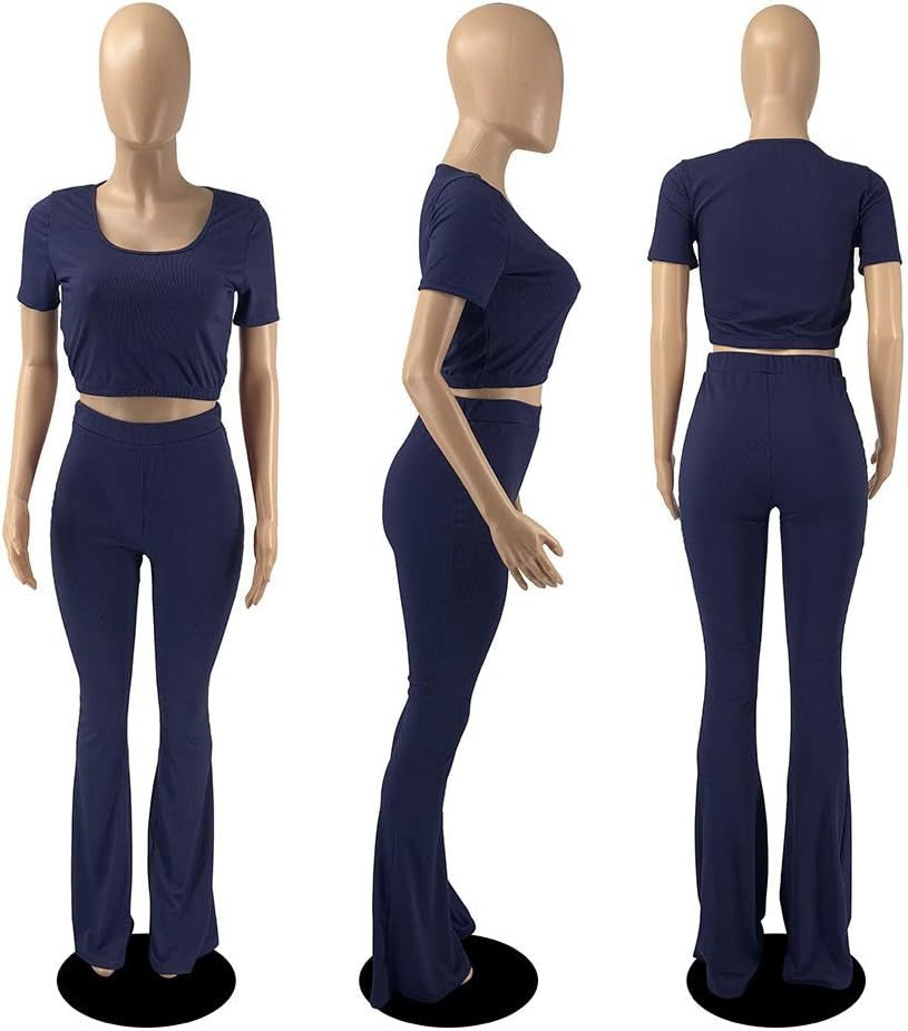 Women's 2-Piece Workout Set - Stylish Crop Top and High-Waisted Flared Pants for Yoga and Sports