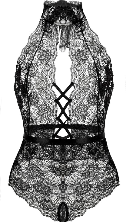 Women’s Lace Bodysuit with Deep V Neck and Dobby Mesh - Teddy Lingerie in Black, Size M