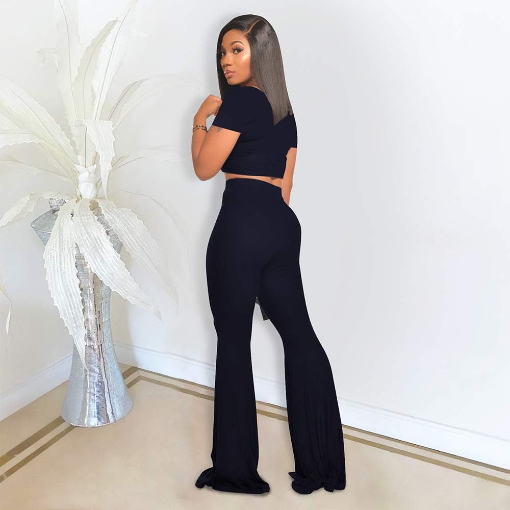 Women's 2-Piece Workout Set - Stylish Crop Top and High-Waisted Flared Pants for Yoga and Sports