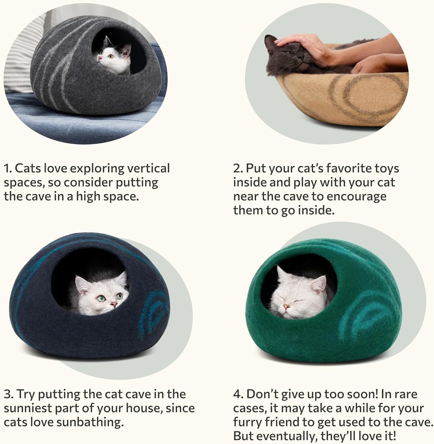 Premium Felt Cat Cave - Handmade Merino Wool Cat Bed for Indoor Use (Light Grey, Medium)