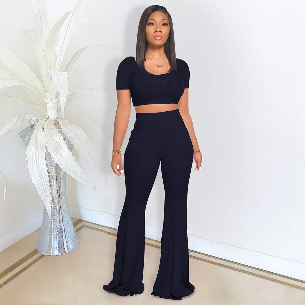 Women's 2-Piece Workout Set - Stylish Crop Top and High-Waisted Flared Pants for Yoga and Sports